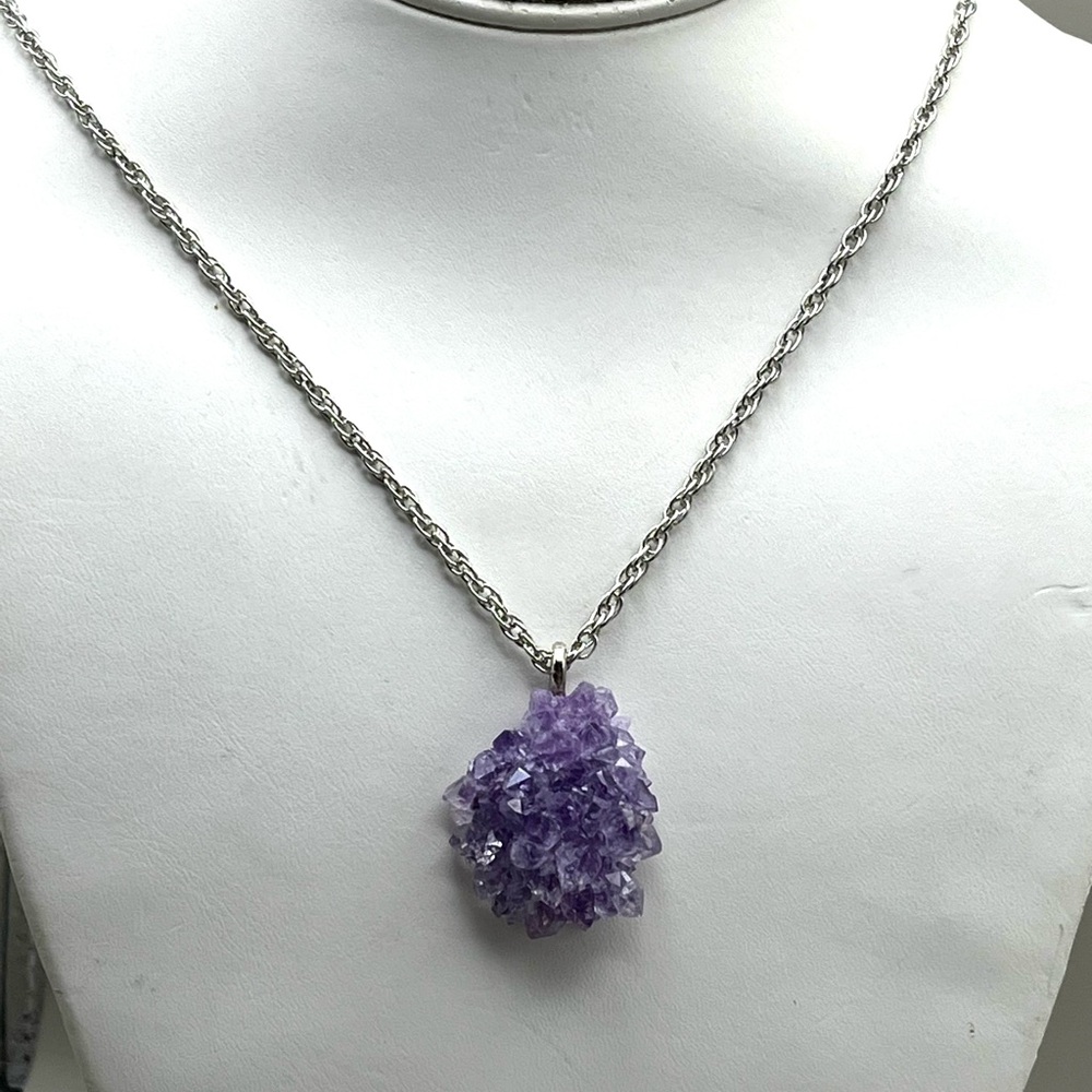 Raw Amethyst Purple Geode Crystal Pendant Necklace -Boho February Birthstone - Picture 4 of 7